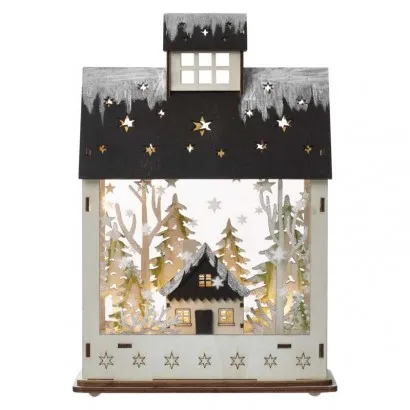 LED karácsonyi házikó, fa, 30 cm, 2x AA, beltéri, meleg fe...