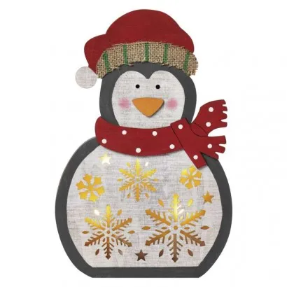 LED karácsonyi pingvin, fa, 30 cm, 2x AA, beltéri, meleg f...