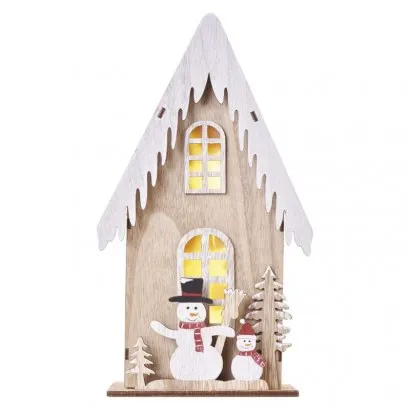 Karácsonyi LED dekoráció, fa – házikó hóemberekkel, 28,5 c...
